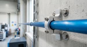 Photorealistic close-up shot of a sleek, modern mounting bracket holding a blue aluminum air pipe se